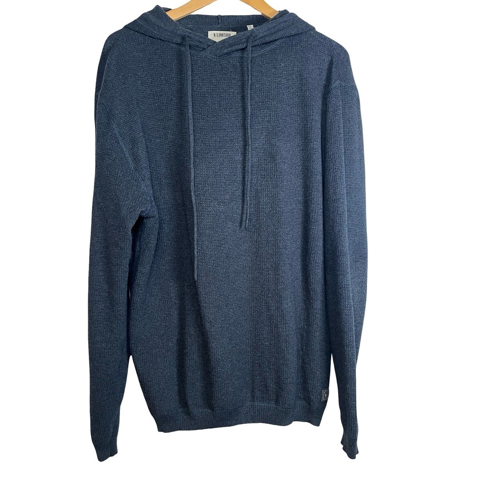 Linksoul Mens Large Cotton Cashmere Waffle Knit Hoodie Navy Blue Sweater LS L